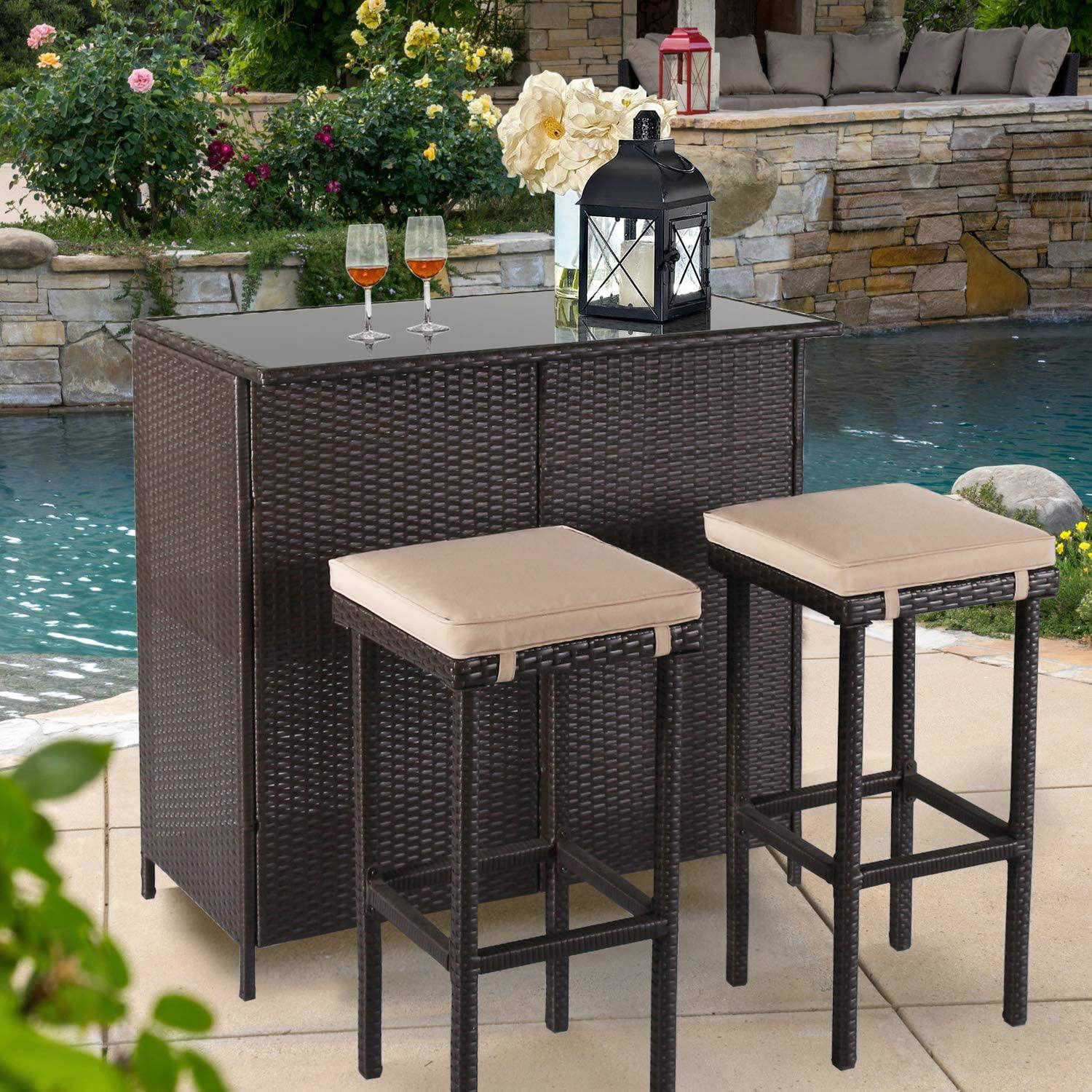 omelaza 3-piece patio bar table set outdoor wicker bistro set - glass bar and two stools with cushions for patios, backyards,