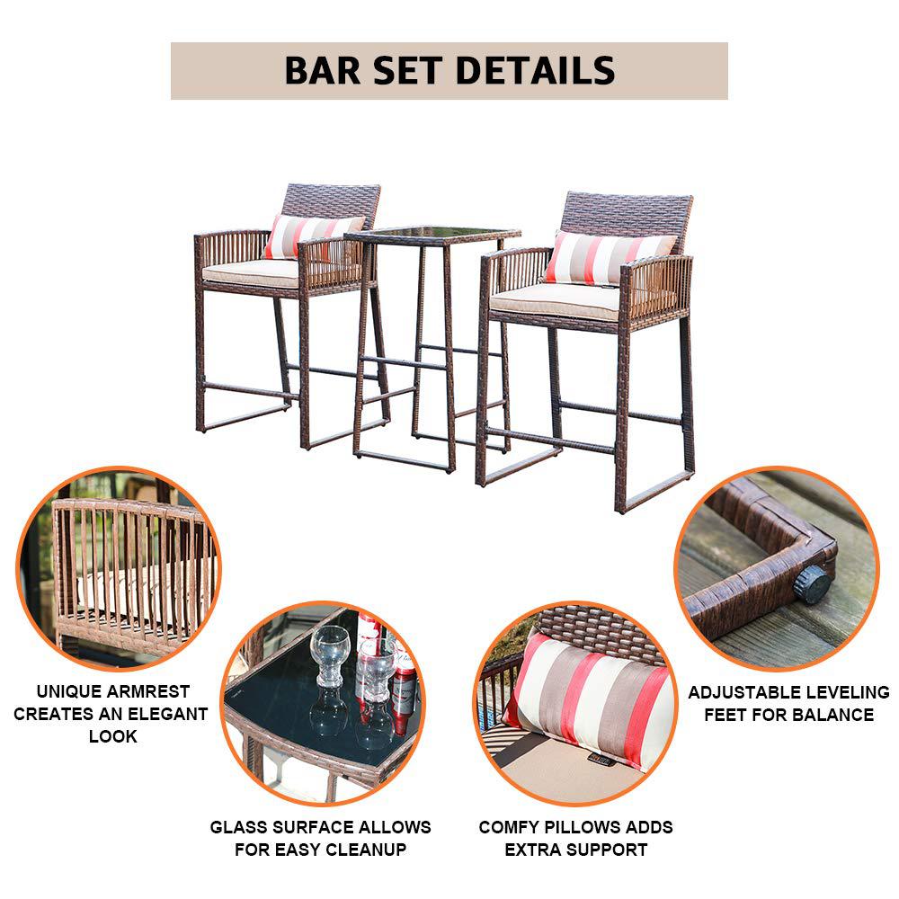 sunsitt 3-piece outdoor wicker bar height table set, 2 bar stools and 1 pub table with 2 striped pillows, seat cushions, stee