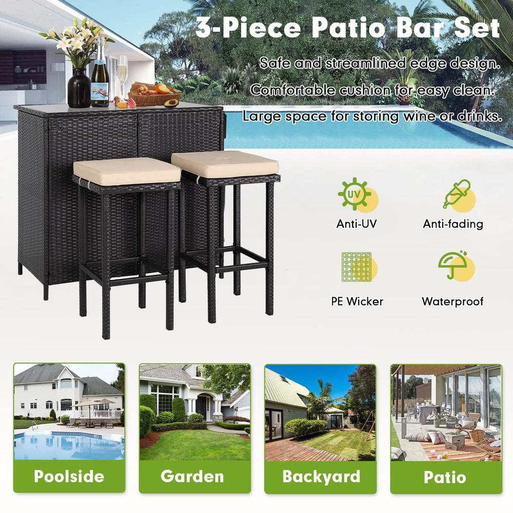 cemeon outdoor bar 3-piece patio bar set with two stools and glass top ...