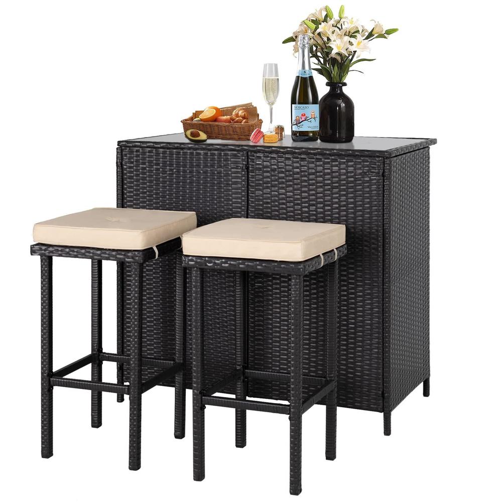 cemeon outdoor bar 3-piece patio bar set with two stools and glass top ...