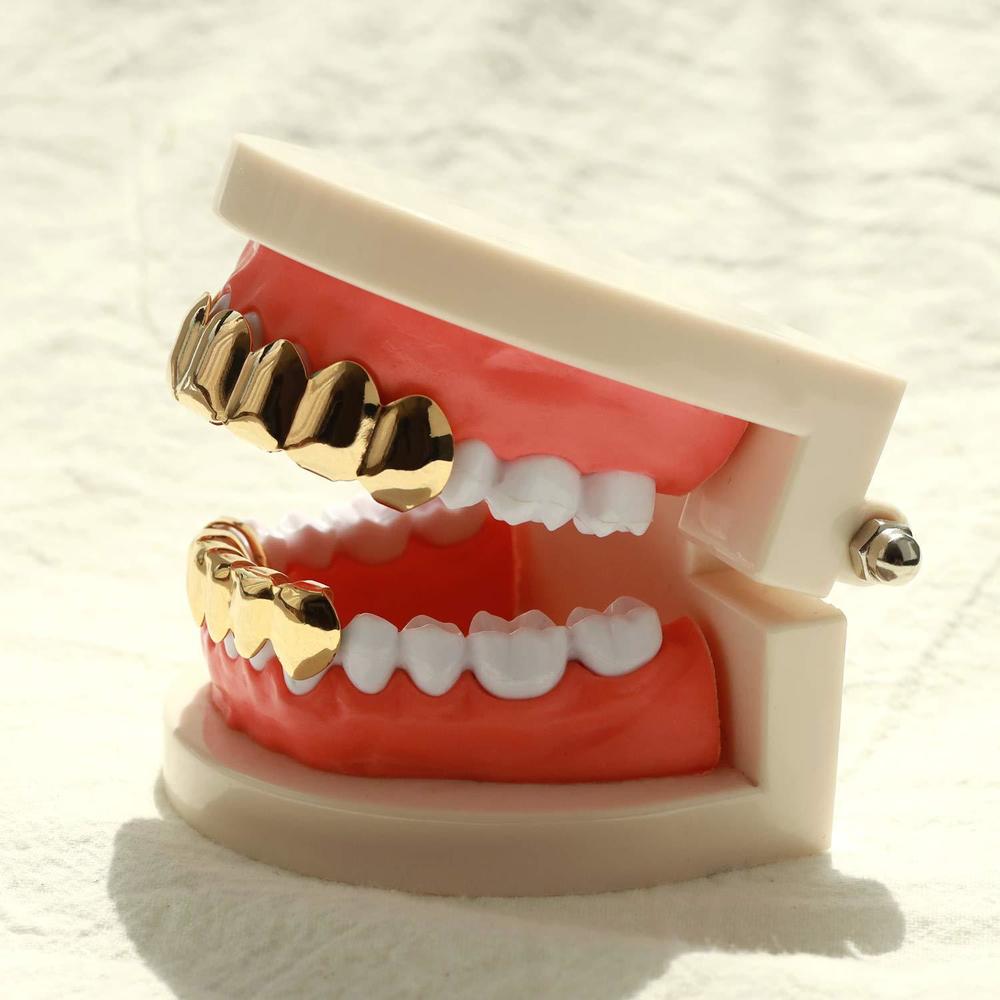 careland 24k plated gold grillz 8 teeth mouth top and bottom grills set shiny hip hop teeth grillz + 2 extra molding bars