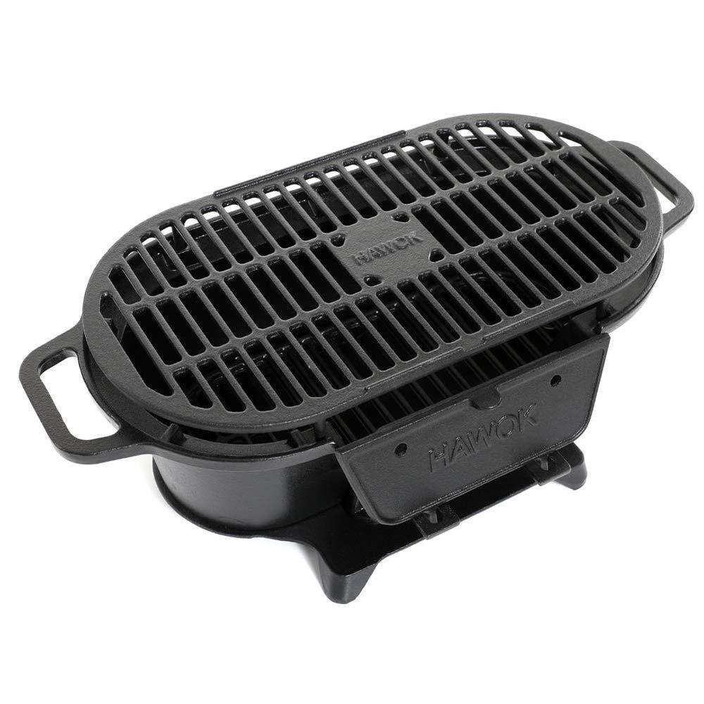 hawok cast iron enameled grill charcoal hibachi-style grill for picnics, tailgaiting, camping or patio.