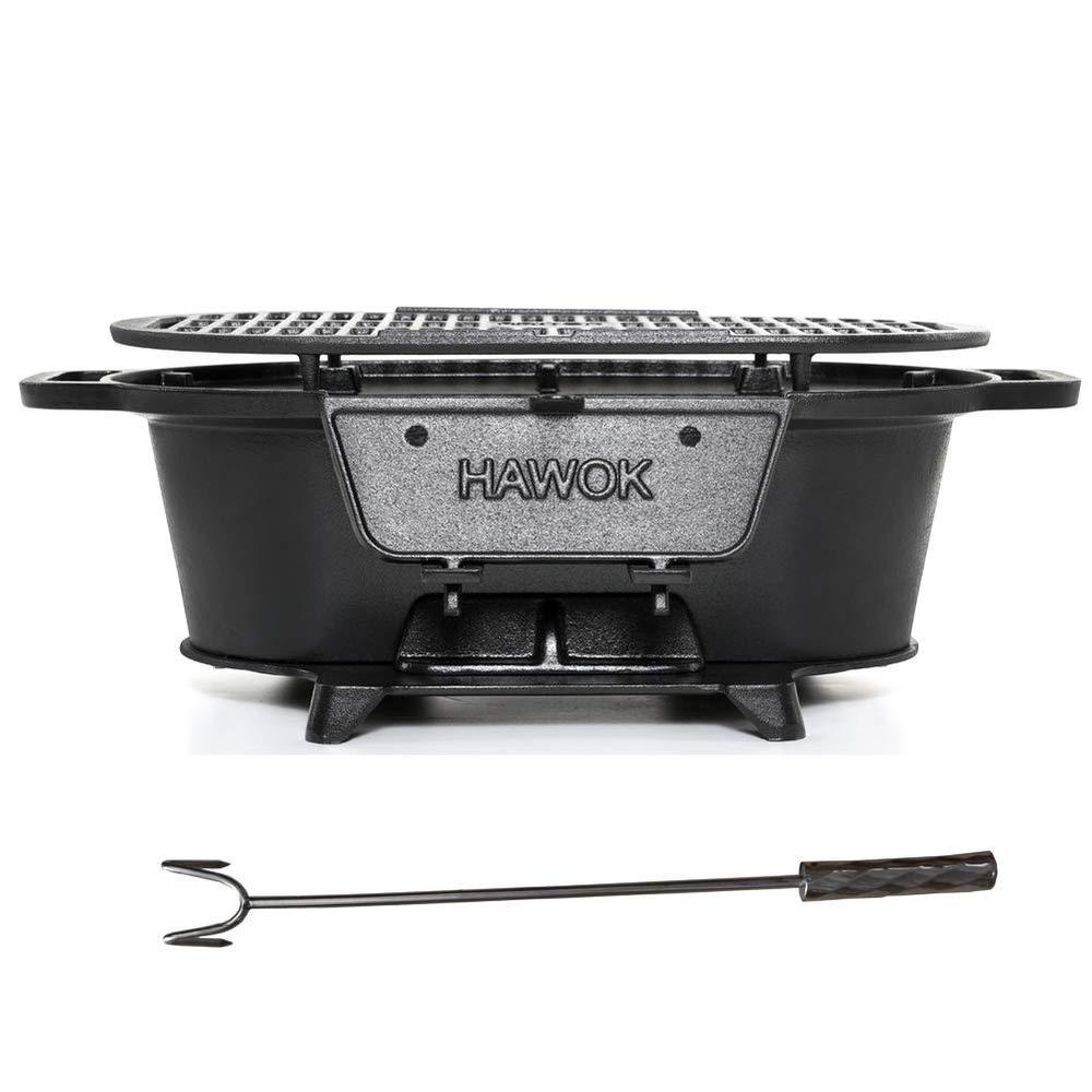 hawok cast iron enameled grill charcoal hibachi-style grill for picnics, tailgaiting, camping or patio.