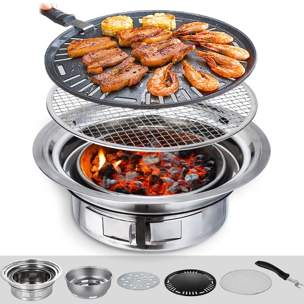 adikemicegen puraville charcoal barbecue grill, 13.7 inches non-stick korean bbq grill, portable stainless steel charcoal stove for home p
