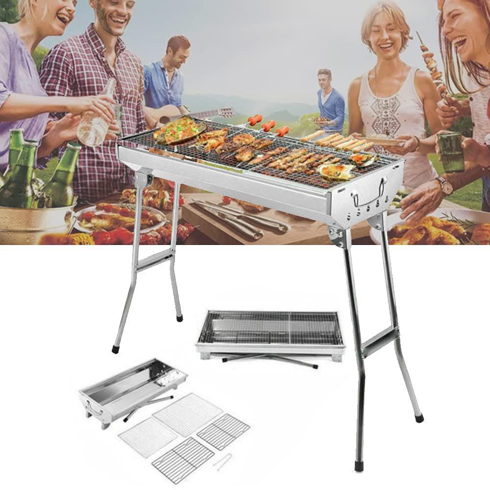 rica-j barbecue charcoal grill, folding portable stainless steel bbq grill, large outdoor picnic cooking tool, 28" portable c