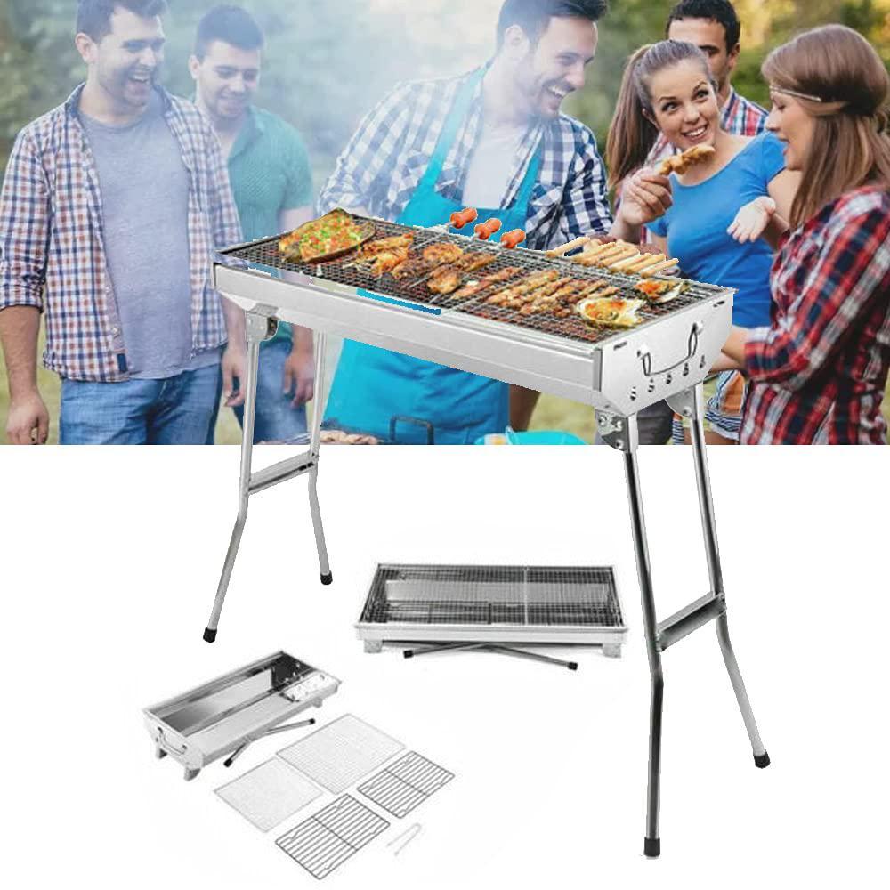 rica-j barbecue charcoal grill, folding portable stainless steel bbq grill, large outdoor picnic cooking tool, 28" portable c