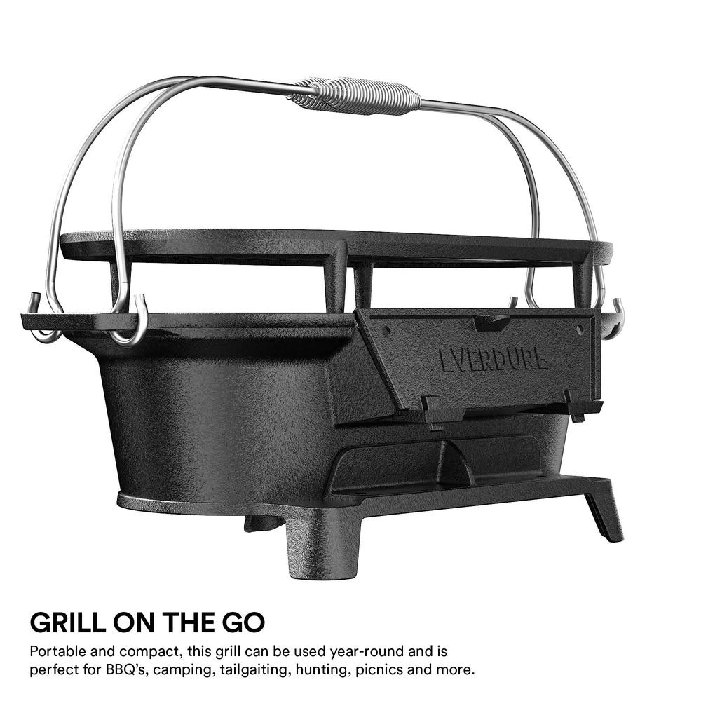 everdure cast iron grill & cover - outdoor, portable charcoal grill and tabletop cast iron skillet - 100% cast iron, enameled