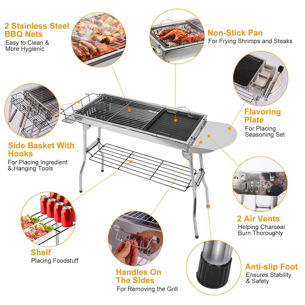 teqhome portable folding charcoal bbq grill, large stainless steel foldable outdoor cooking kabob barbecue grill w/storage sh