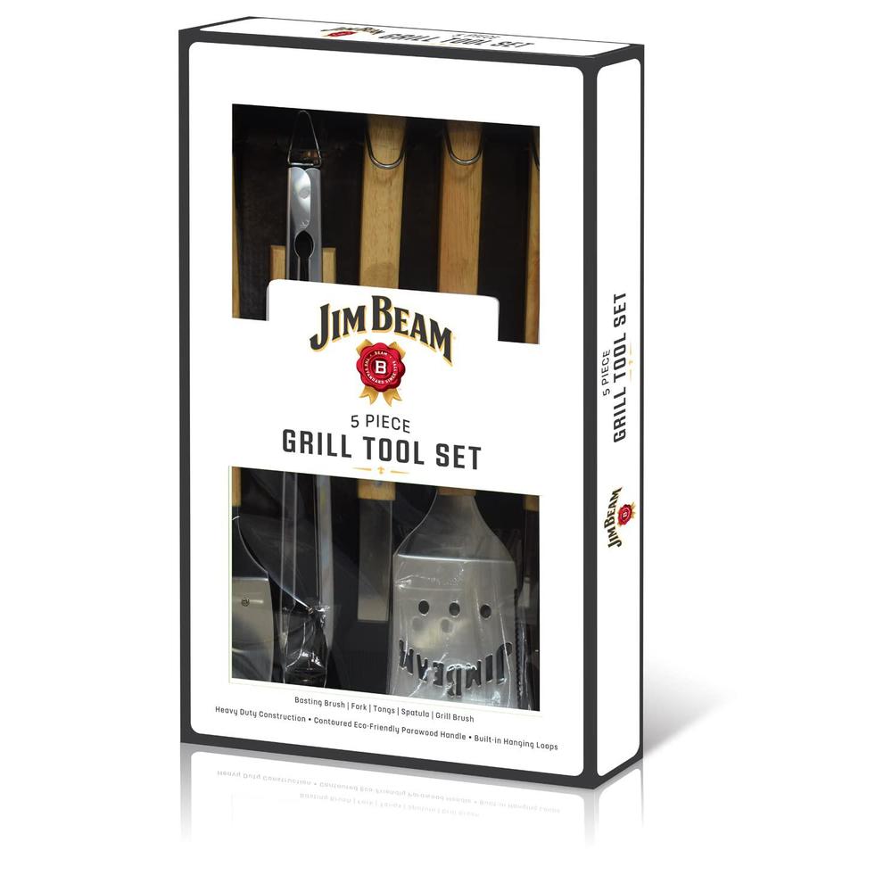 jim beam jb0198 construction, stainless steel, parawood handles 5-piece barbecue and grilling tool set, heavy duty constructi