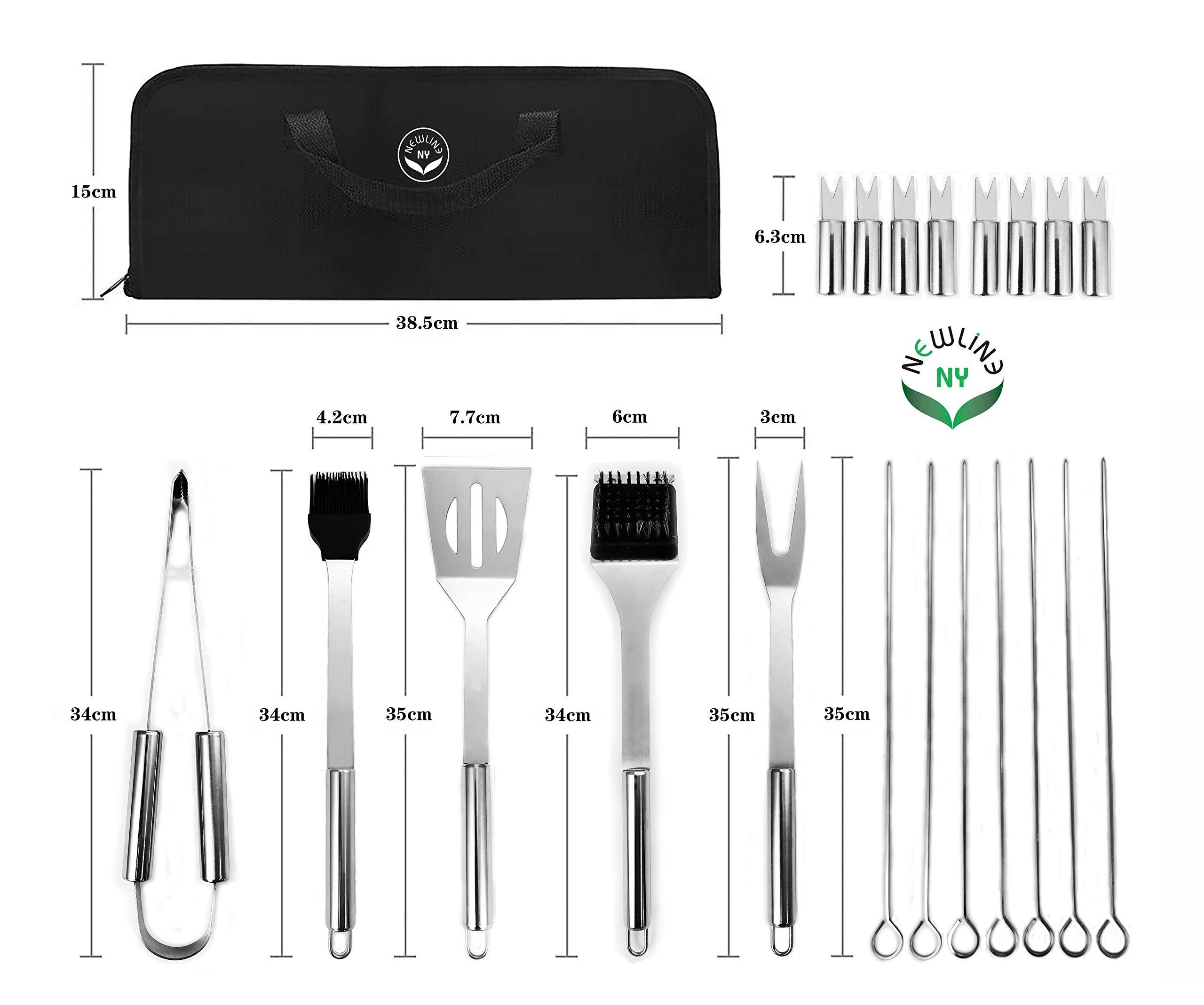 Newline NY newlineny stainless steel bbq grill tool kit 20 pcs + carrying bag set : tong, basting brush, spatula, cleaning brush, meat f