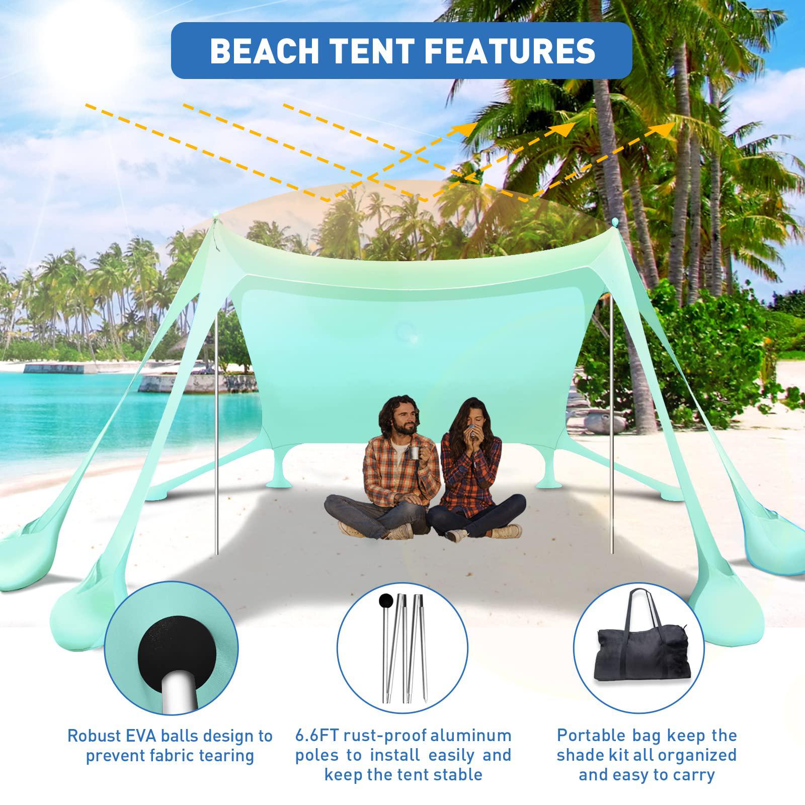 wabolay beach tent canopy pop up shade 10x10ft sun shelter portable family upf50+ with 8 sandbags-2 sand shovel-4 aluminum po