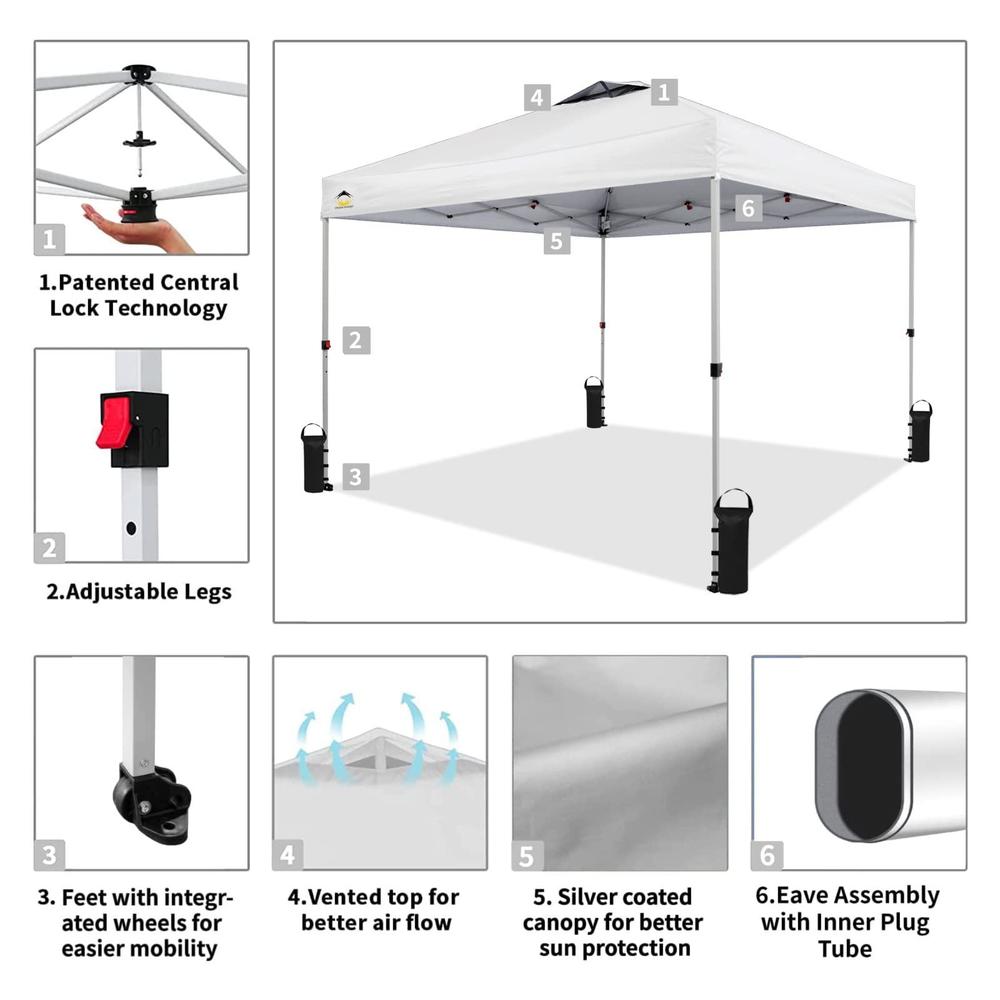 crown shades 10x10 pop up canopy, patented one push tent canopy, newly designed storage bag, 8 stakes, 4 sandbags, 4 ropes, s