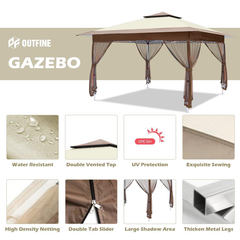 outfine 12'x12' gazebo outdoor pop up canopy tent with curtains and shelter for patio, party & backyard (khaki)