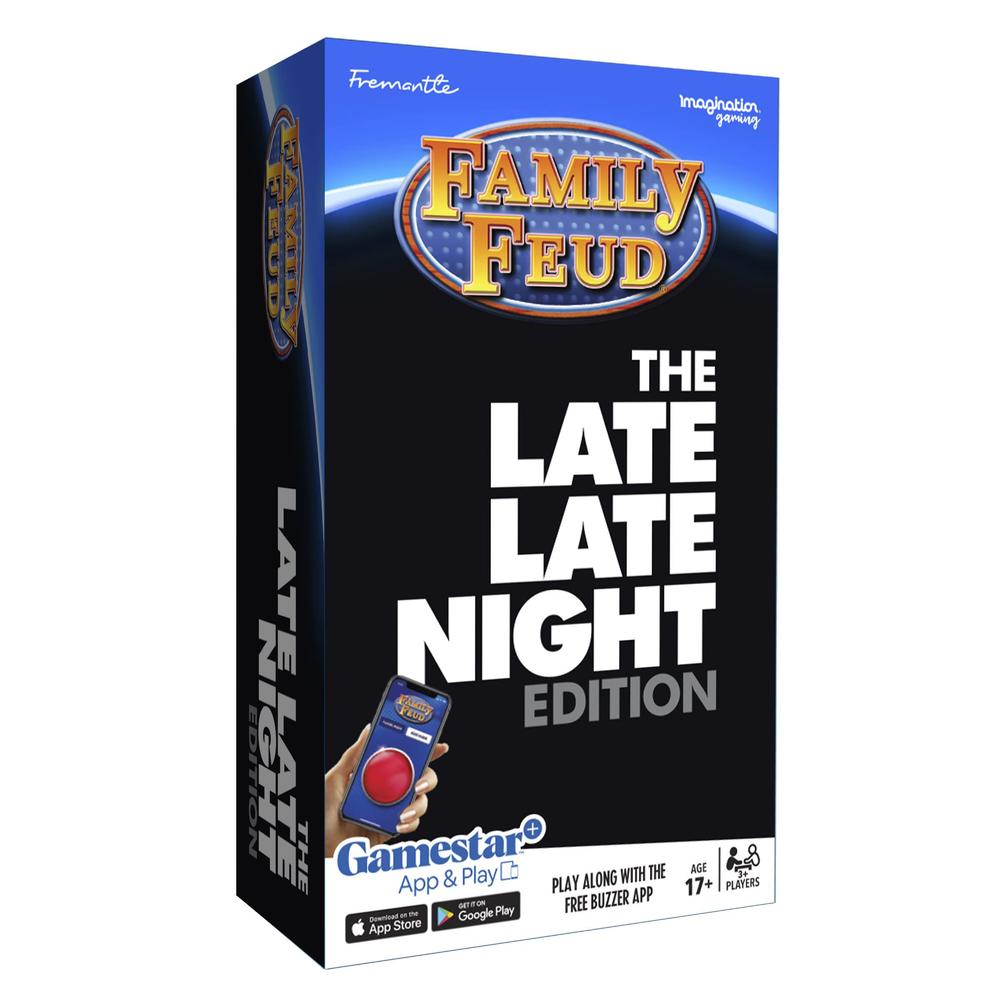 Imagination Gaming family feud late late night edition card game, anything but family-friendly, 400 naughty survey questions, complementary app 