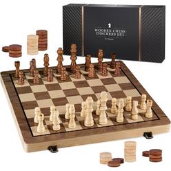 AMEROUS 15 Inches Magnetic Wooden Chess Set - 2 Extra Queens - Folding Board - Pieces Storage Slots, Handmade Portable Travel Chess Game - Beginner