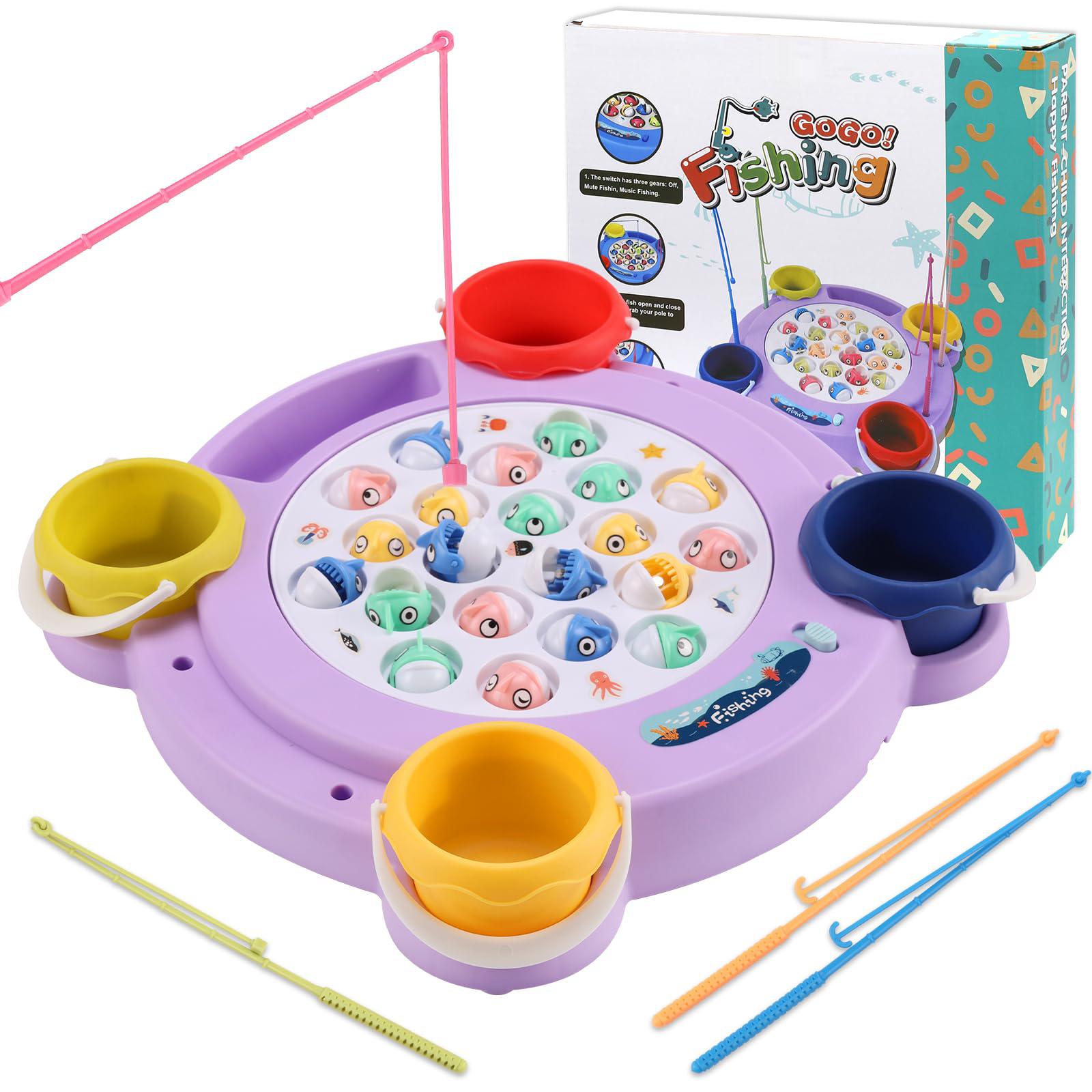 Pakoo magnetic fishing game toys, rotating board game with music including  21 fishes and 4 fishing poles, party game toys for kids