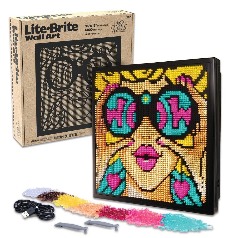 Lite-Brite lite brite wall art pop wow - 16" x 16" screen, 6,000 mini pegs, 3 hd designs, great gift for ages 14+, diy activity set for 