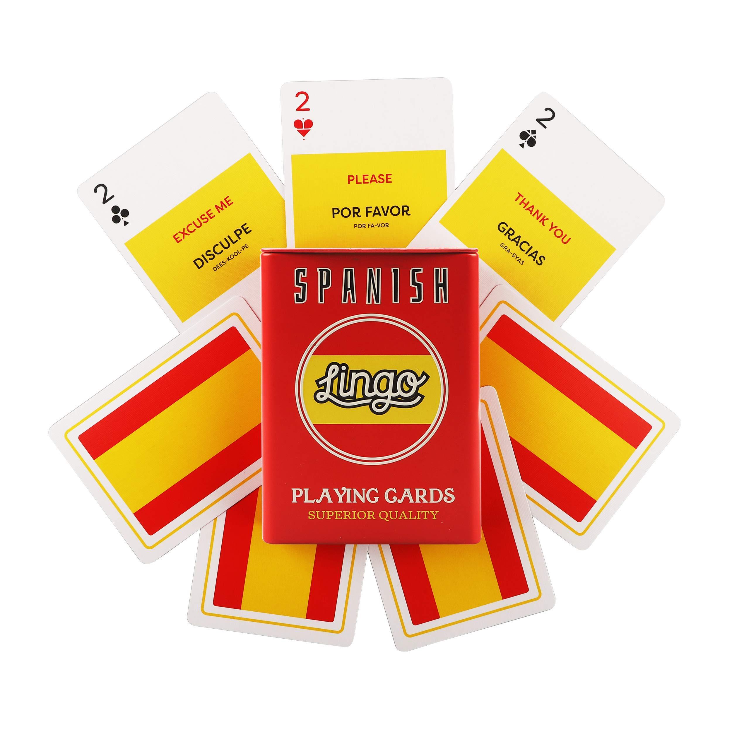 lingo spanish cards in tin box - the best playing cards for beginners to learn spanish vocabulary & pronunciation in a fun & 