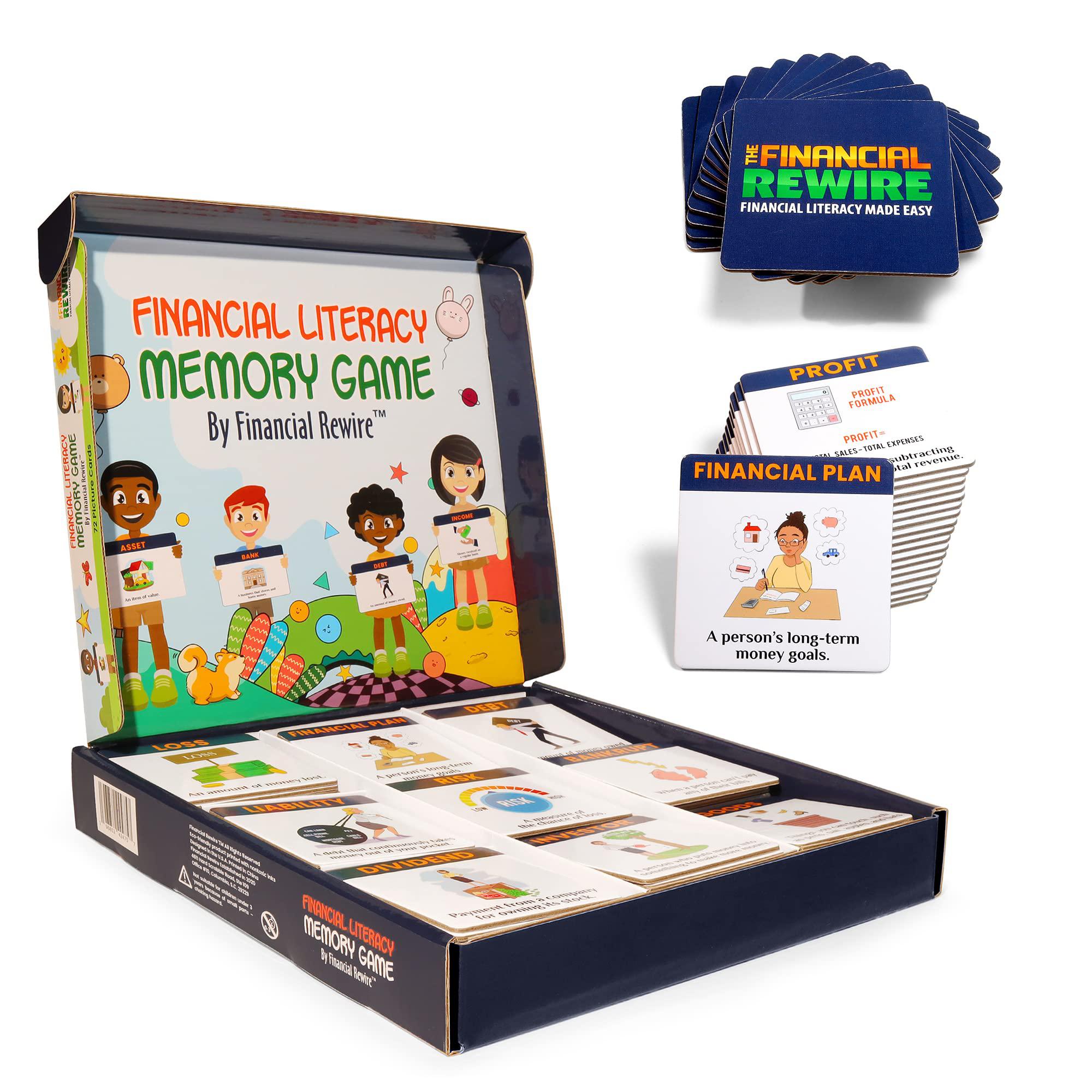 The Financial Rewire financial literacy memory matching game, fun and educational game for children and families, financial literacy flashcards fo