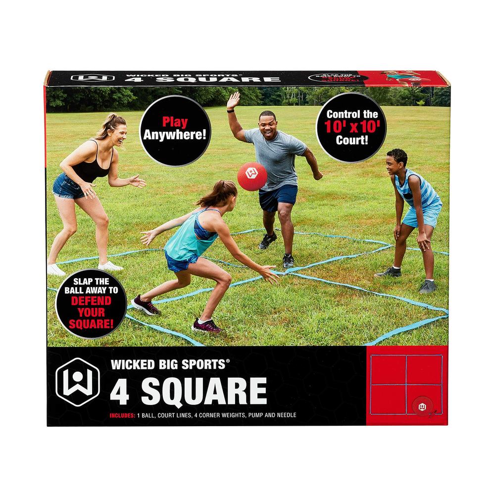 wicked big sports 4 square game with court lines for outdoor play in the backyard, beach, park, fun for all, red (1925)
