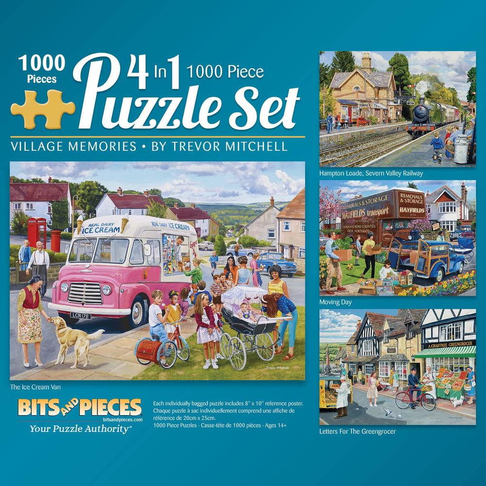 bits and pieces - 4-in-1 multi-pack 1000 piece jigsaw puzzles for adults - 1000 pc village memories puzzle set bundle by trev