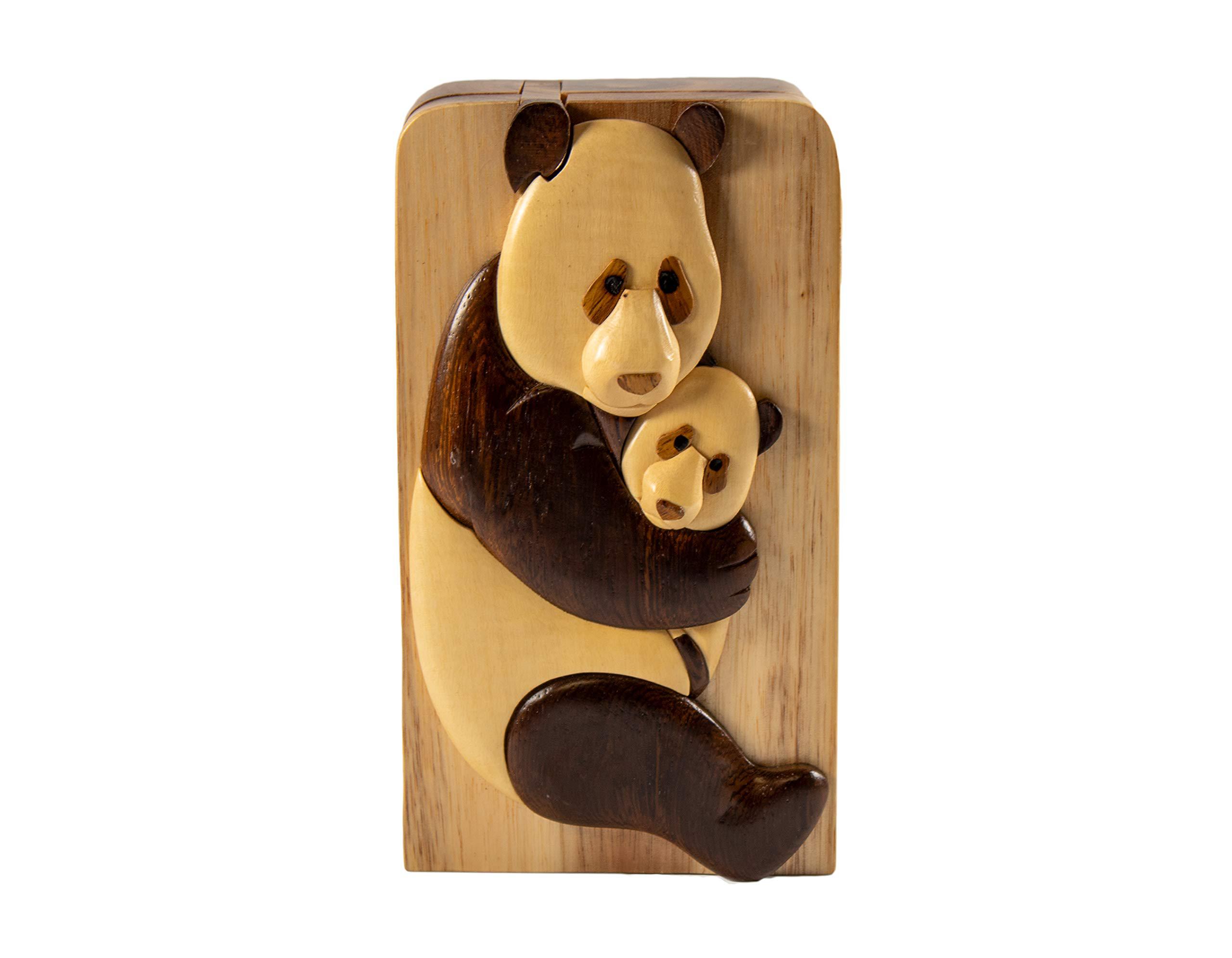 carver dan\'s shop panda and baby mother's love new addition hand-carved puzzle box with no paints! no stains! hidden felt lined interior that h