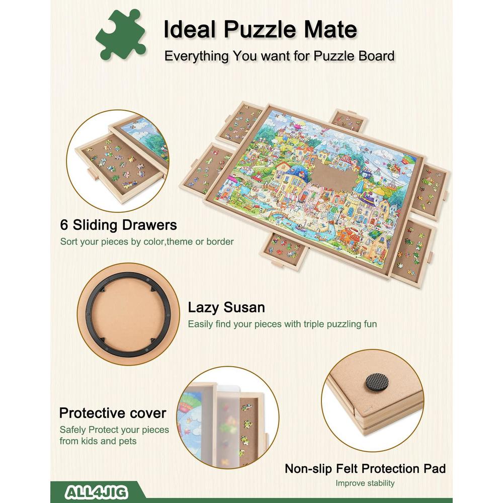 all4jig 1500 pieces rotating puzzle board with 6 drawers and cover,26"x35"portable wooden jigsaw puzzle table for adults,lazy