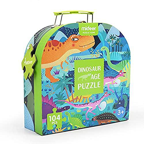 mideer dinosaur-age design 104 piece puzzle gift box jigsaw floor puzzle set, multi