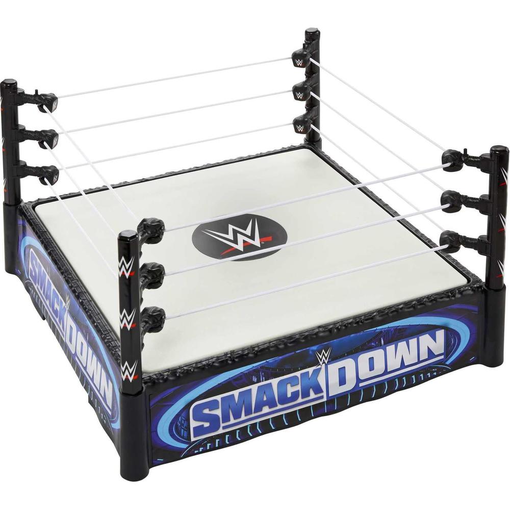 mattel wwe superstar ring, 14 inches with spring-loaded mat, 4 event apron stickers & pro-tension ropes for wwe action figure
