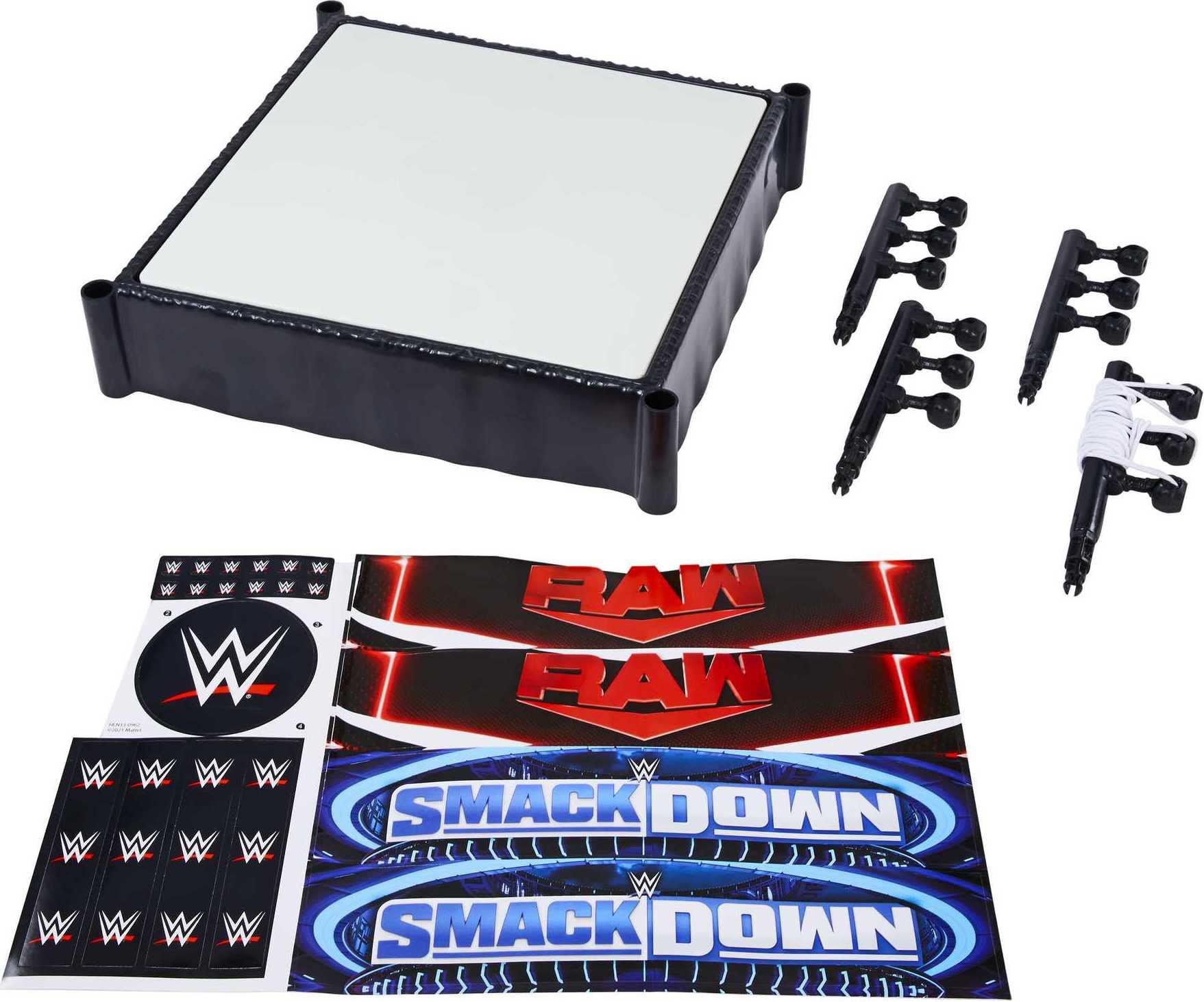 mattel wwe superstar ring, 14 inches with spring-loaded mat, 4 event apron stickers & pro-tension ropes for wwe action figure