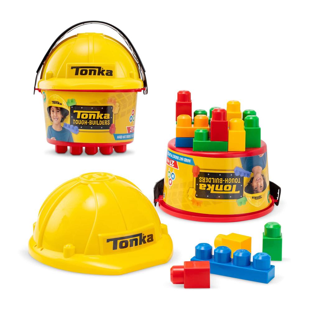 tonka tough builders - hard hat & large size building blocks and bucket playset, educational preschool toy, sensory, travel t