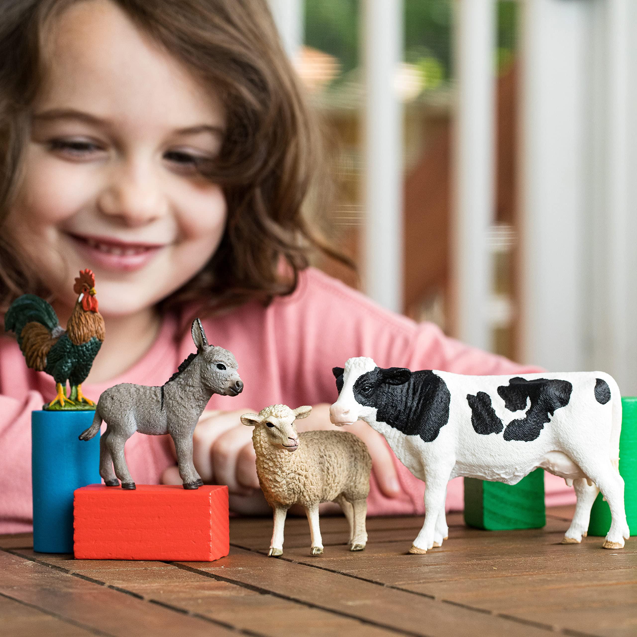 schleich farm animal toys and playsets - farm world 4 piece starter set with cow, rooster, sheep, and donkey figurine, farmin