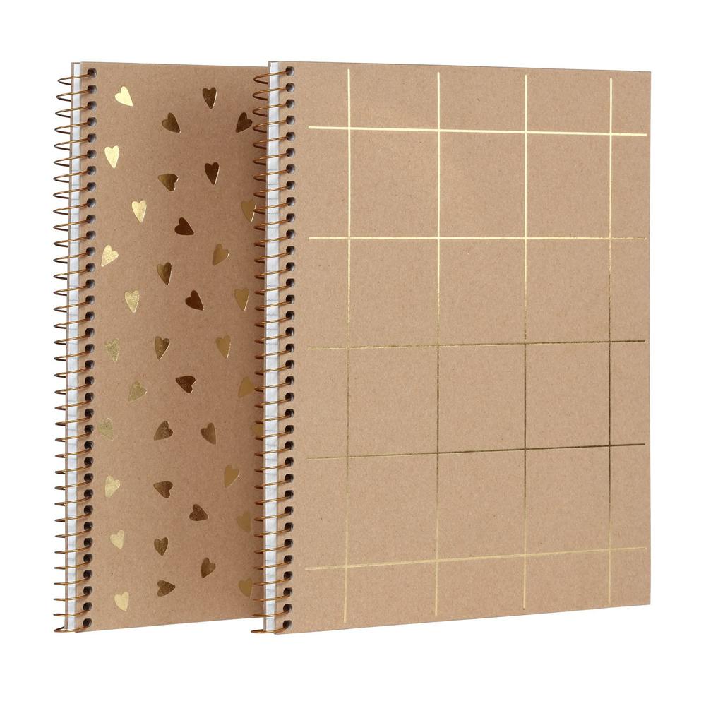 oxford spiral notebooks, 2 pack, 100% recycled, kraft, gold foil designs, college ruled, 80 sheets/160 pages, student gifts, 
