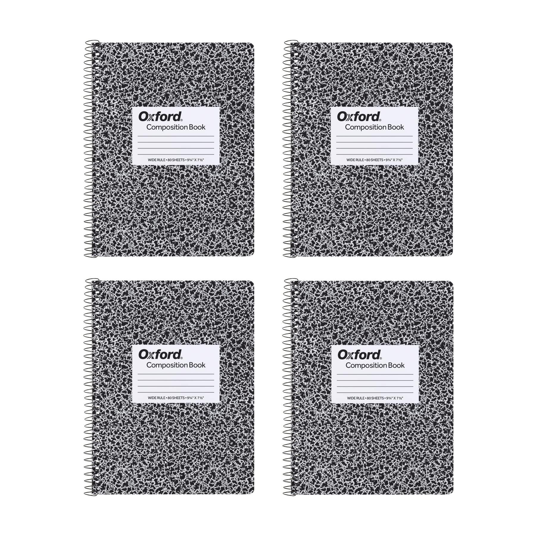oxford spiral composition notebooks, 4 pack, wide ruled paper, 9-3/4 x 7-1/2 inches, 80 sheets, black marble cover (64950)