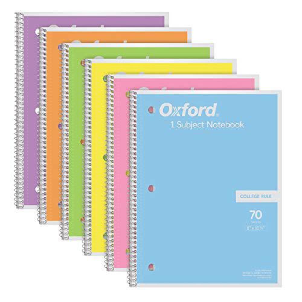 oxford spiral notebook 6 pack, 1 subject, college ruled paper, 8 x 10-1/2 inch, pastel pink, orange, yellow, green, blue and 