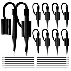PerforMore 12 pack of 5" secure counter pens, black with plastic secure cord attached to adhesive back base pen holder, reception pen in