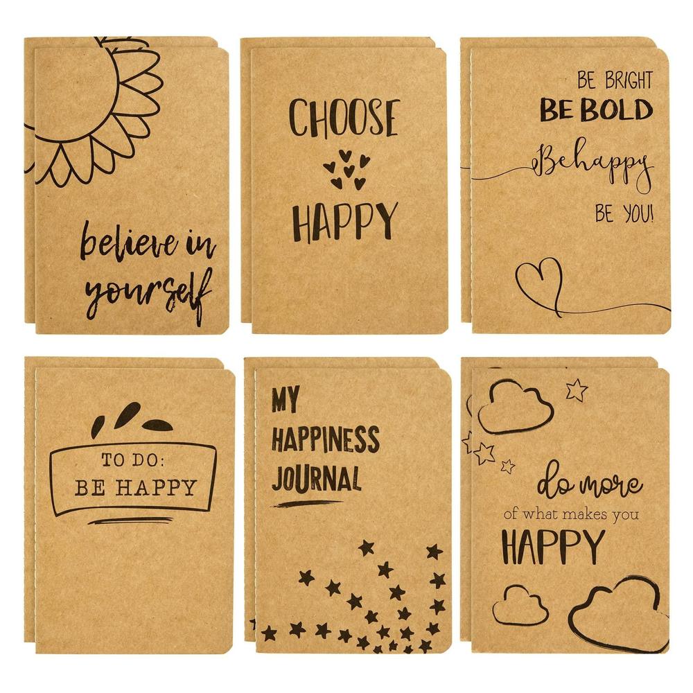 Paper Junkie 12 pack kraft paper notebooks, happy-themed journal for kids, teens, artists and college students, 80 lined pages, sunshine, 