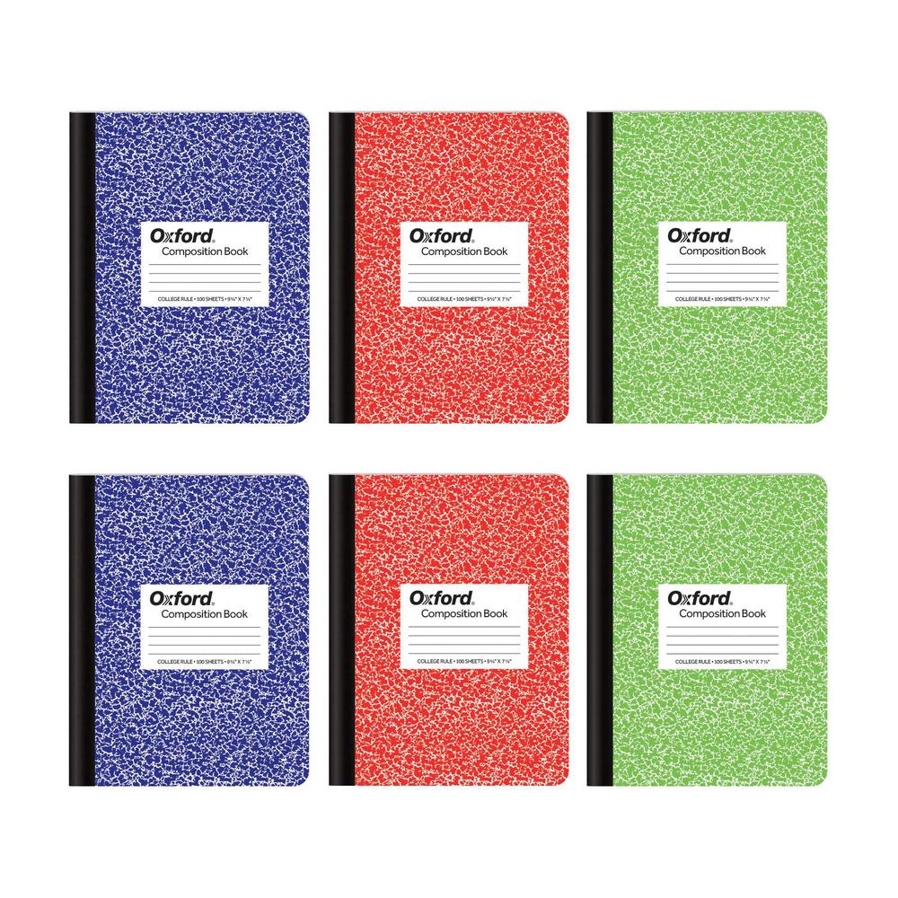 oxford composition notebook 6 pack, college ruled paper, 9-3/4 x 7-1/2 inches, 100 sheets, assorted marble covers. 2 each: bl