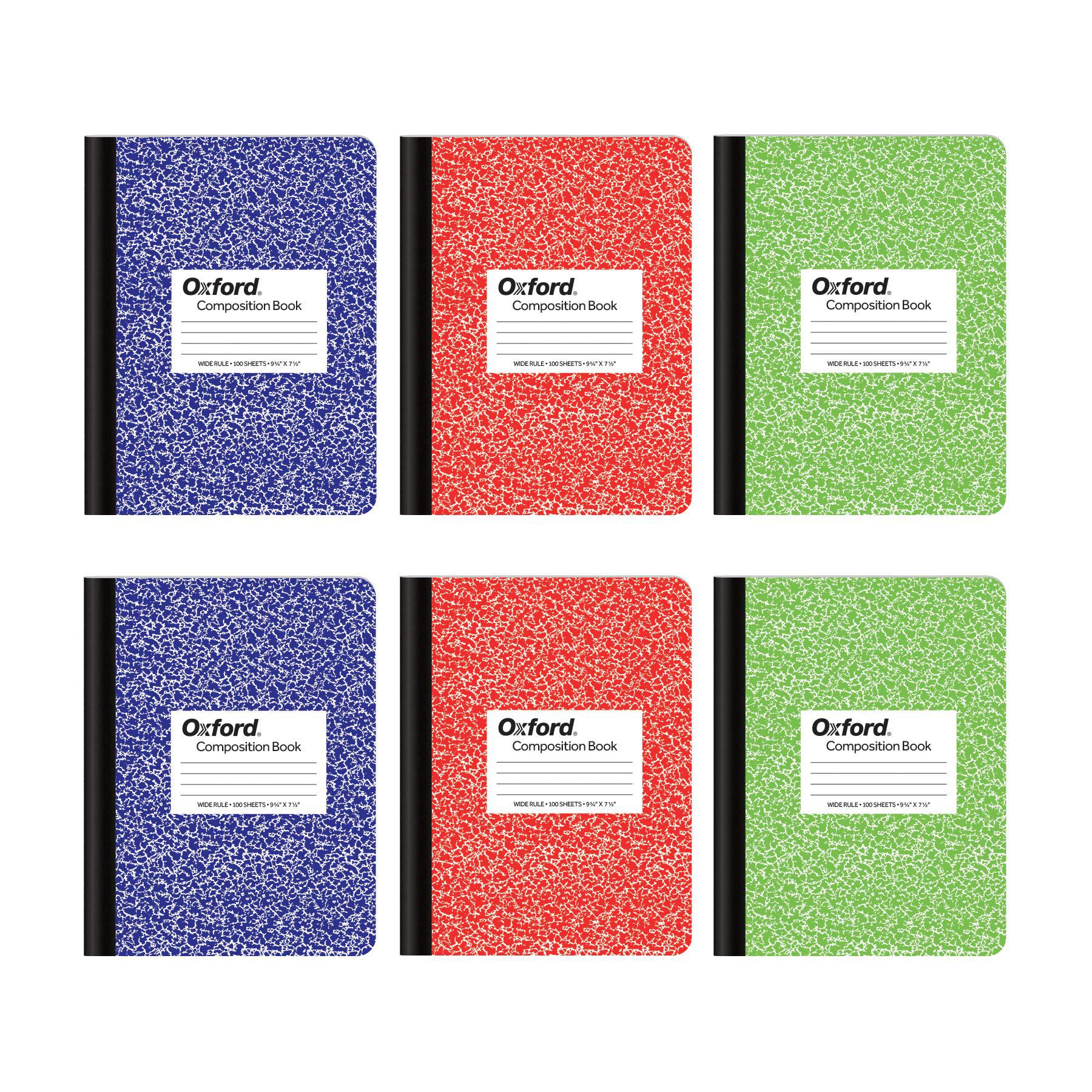 oxford composition notebook 6 pack, wide ruled paper, 9-3/4 x 7-1/2 inches, 100 sheets, assorted marble covers, 2 each: blue,