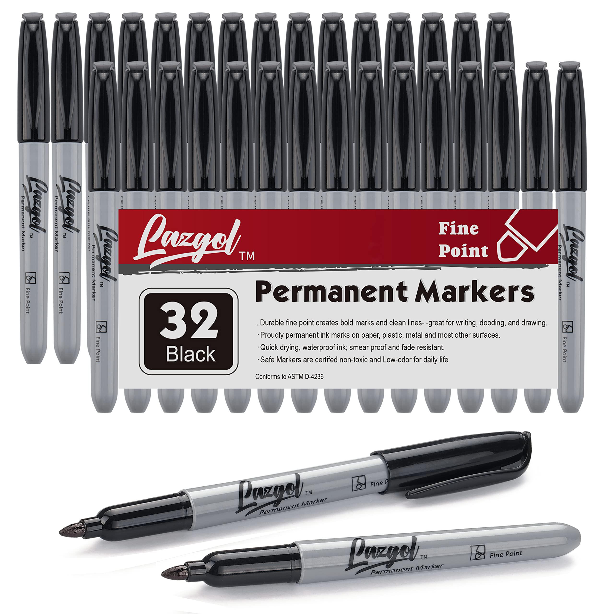 lazgol permanent markers bulk, 32 pack black permanent marker set, fine tip, waterproof markers, premium smear proof pens, wa