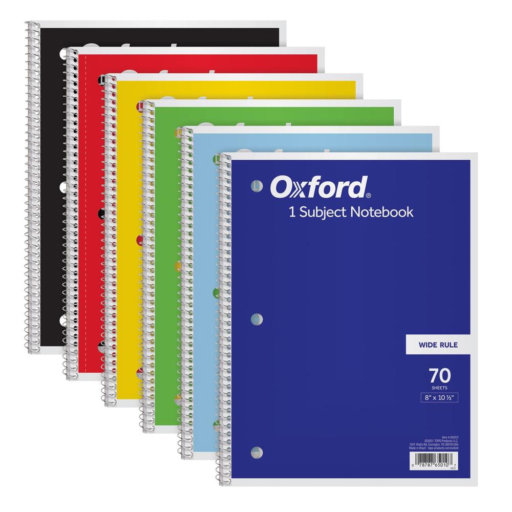 oxford spiral notebook 6 pack, 1 subject, wide ruled paper, 8 x 10-1/2 inch, blue, yellow, red, light blue, green and black, 