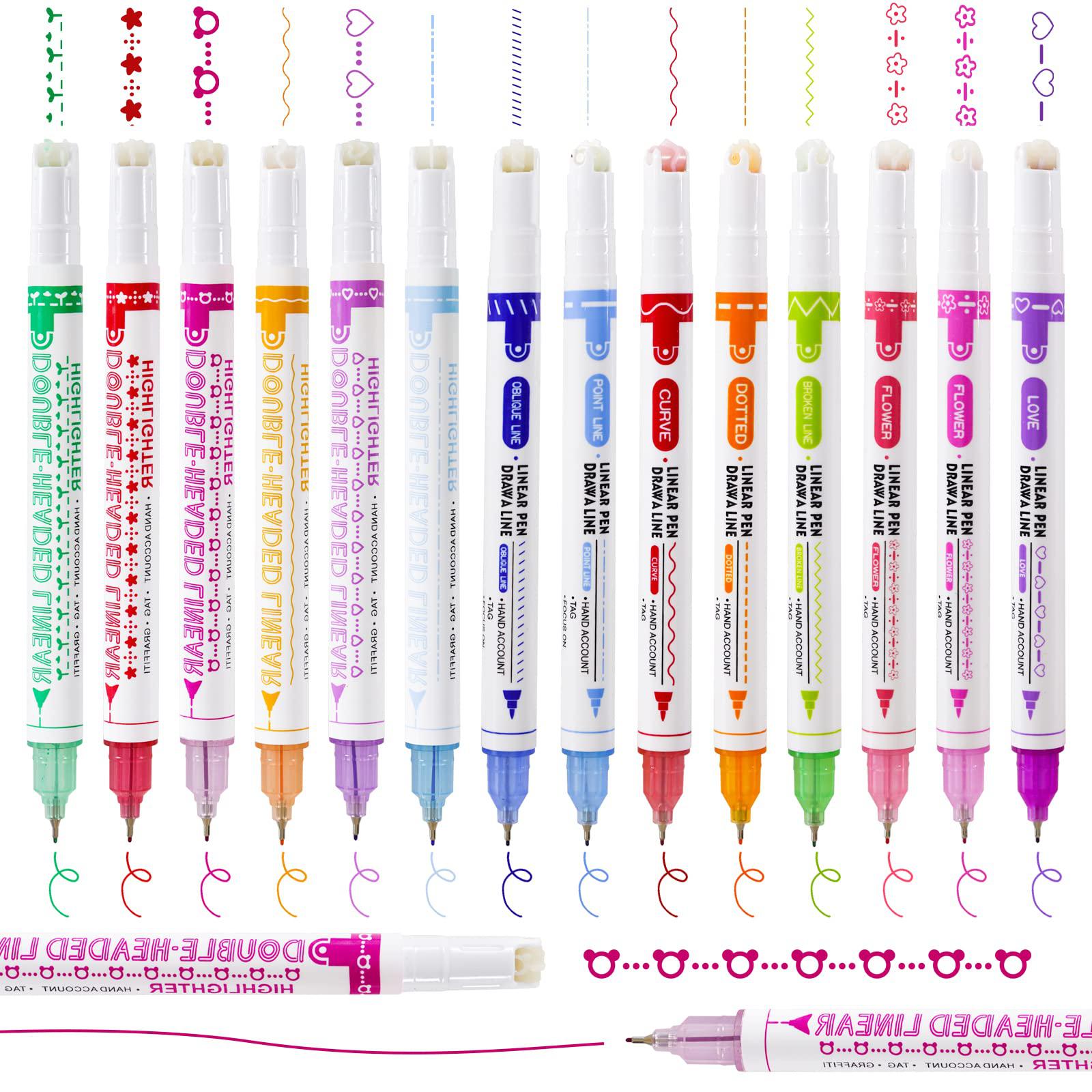HHLCWA 14 Styles Double Tip Colored Pens, 0.4mm Fine-Tip Color Marker Writing Pens, 14 Styles of Patterns for Notebook, Journ