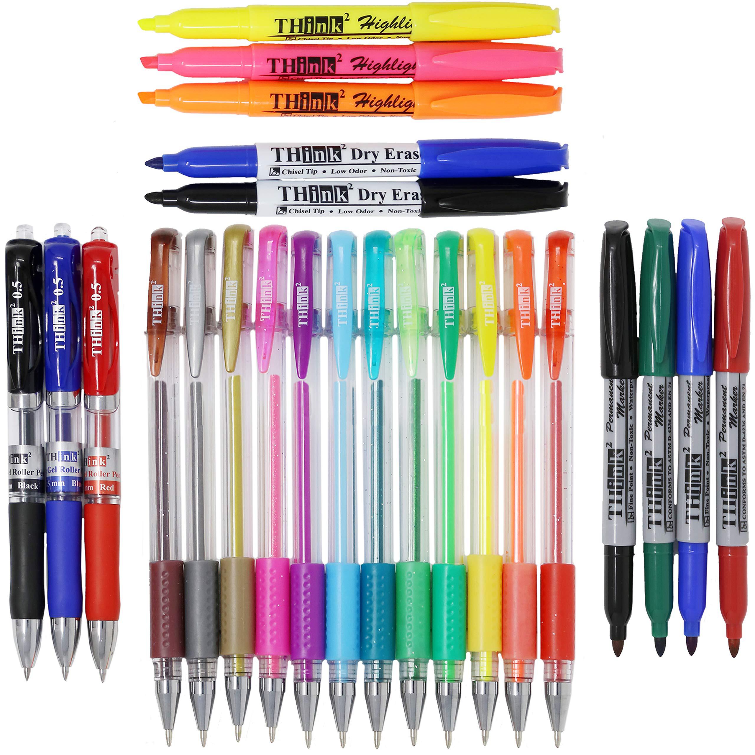 Think2Master [24 Pack] Think2 School Supplies Markers & Gel Pens School Supplies Kit. Includes 3 Highlighter, 4 Permanent Markers, 2 Dry Eras