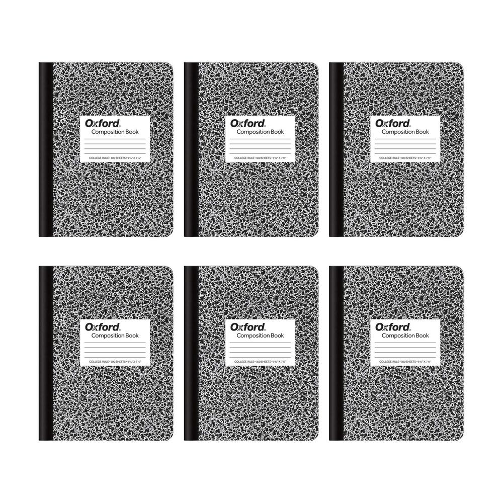 oxford composition notebooks, college ruled paper, 9-3/4 x 7-1/2 inches, 100 sheets, black, 6 pack (63767)