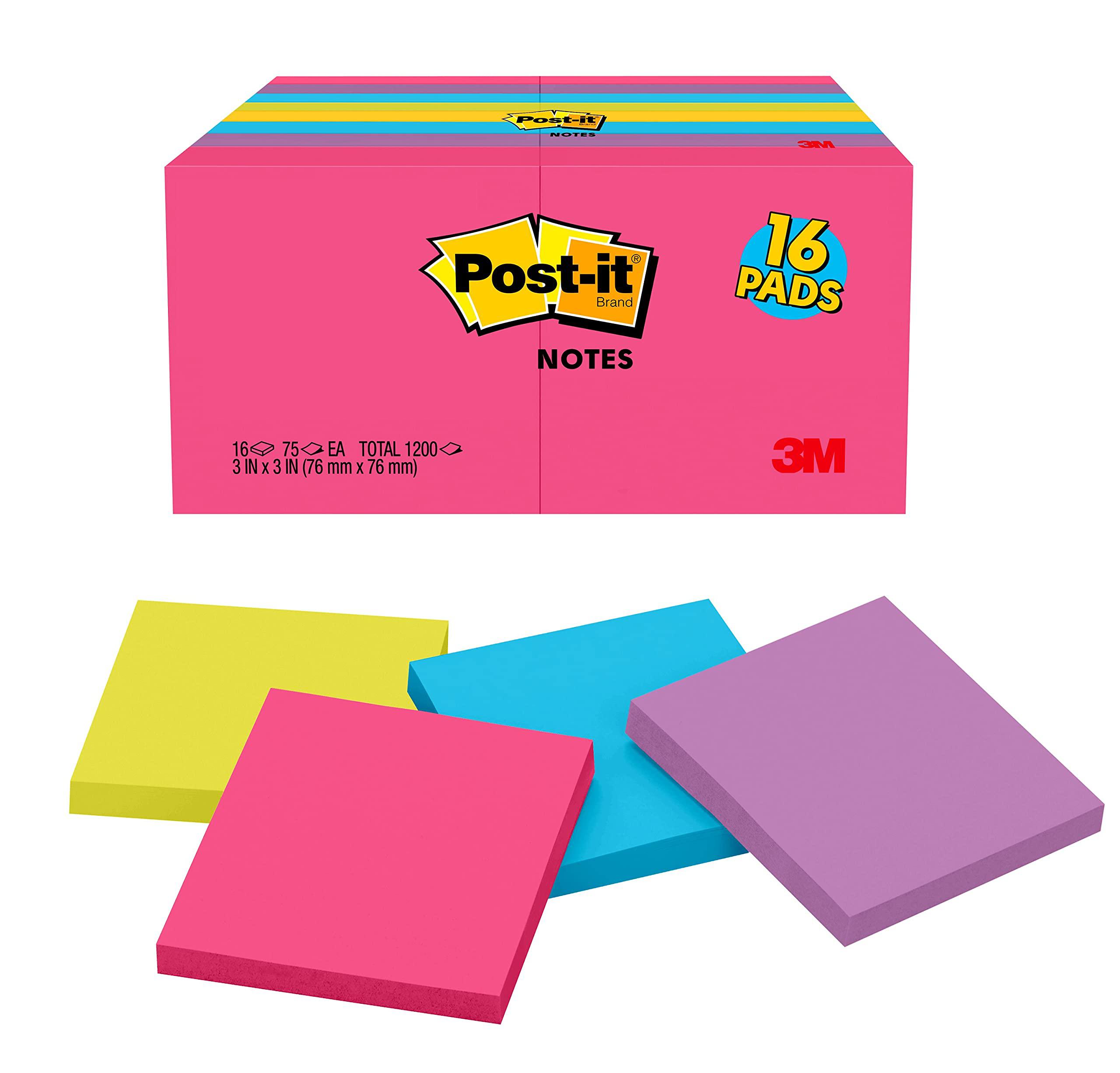 post-it notes, 3x3 in. bulk 16 pads/pack, 75 sheets per pad, assorted bright colors sticky notes including hot pink purple bl