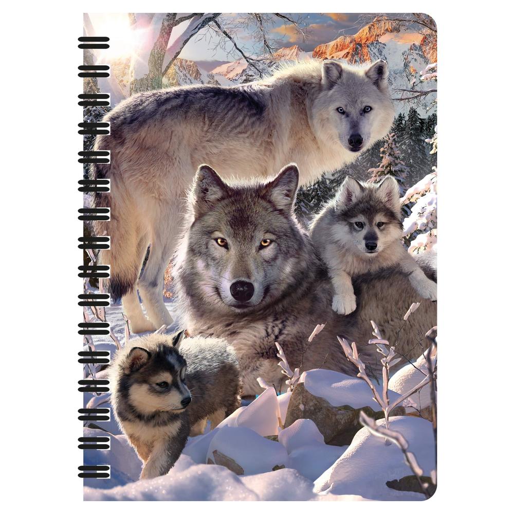 3d livelife jotter - winter wolves from deluxebase. lenticular 3d wolf 6x4 spiral notebook with plain recycled paper pages. a