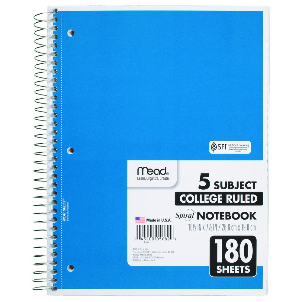 mead spiral notebook, 5 subject, college ruled paper, 180 sheets, 10-1/2" x 8", color selected for you, 1 count (05682)