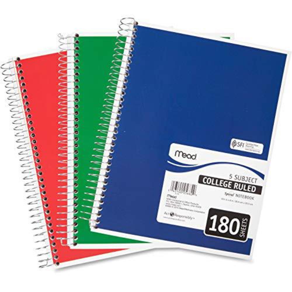 mead spiral notebook, 5 subject, college ruled paper, 180 sheets, 10-1/2" x 8", color selected for you, 1 count (05682)