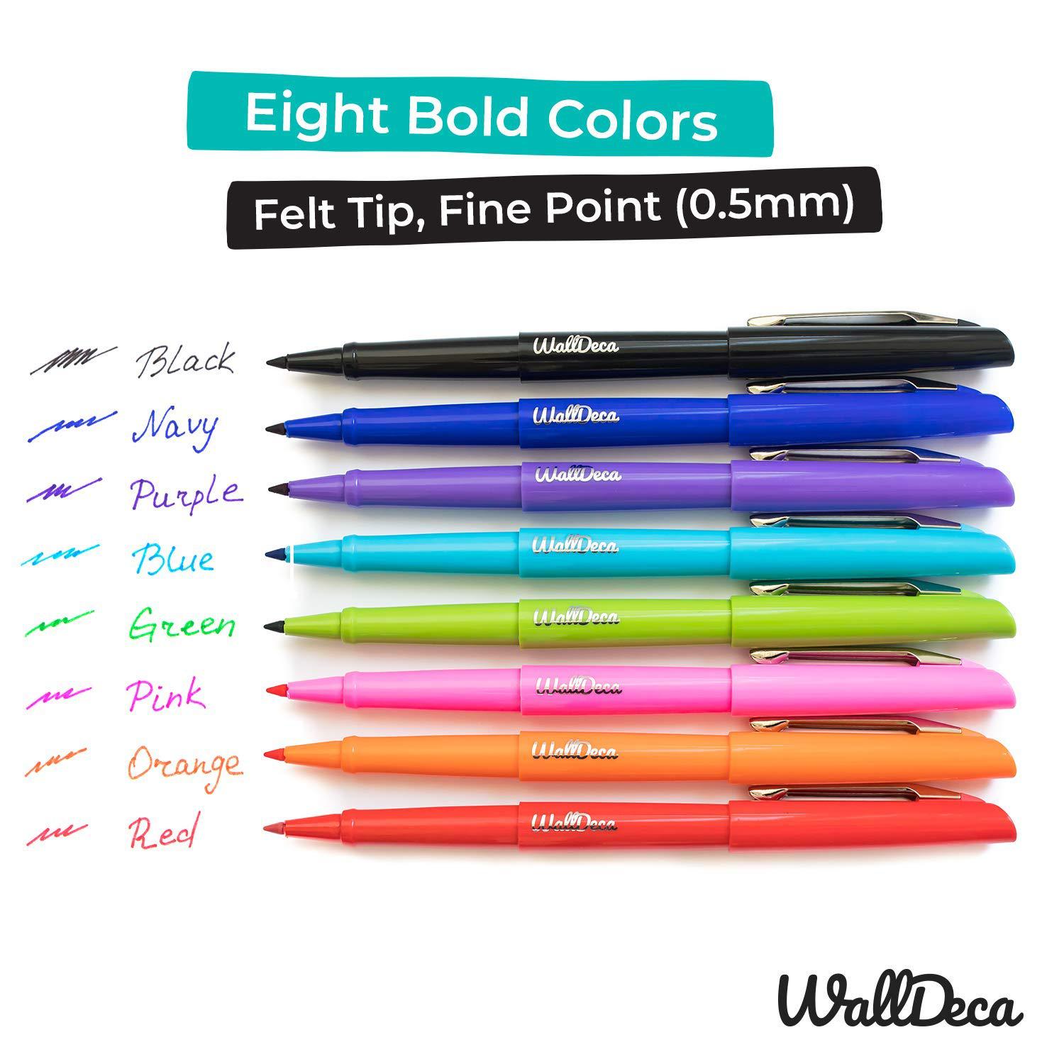 WallDeca RNAB07PLV1W8W walldeca felt tip pens, fine point (0.5mm), assorted  rainbow colors, 8 count