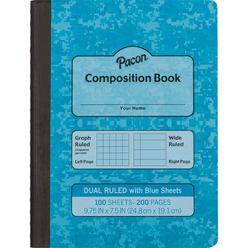 pacon dual ruled composition book, blue, 1/4" grid & 3/8" wide ruled 9-3 ?4" x 7-1?2", 100 sheets